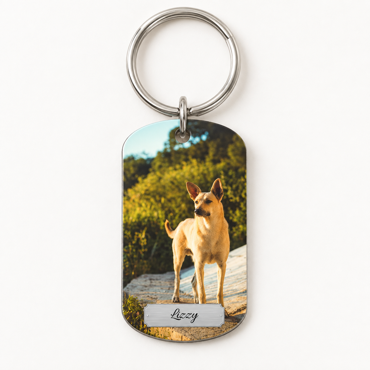 Personalized silver stainless steel keychain with photo of a dog and engraved name.
