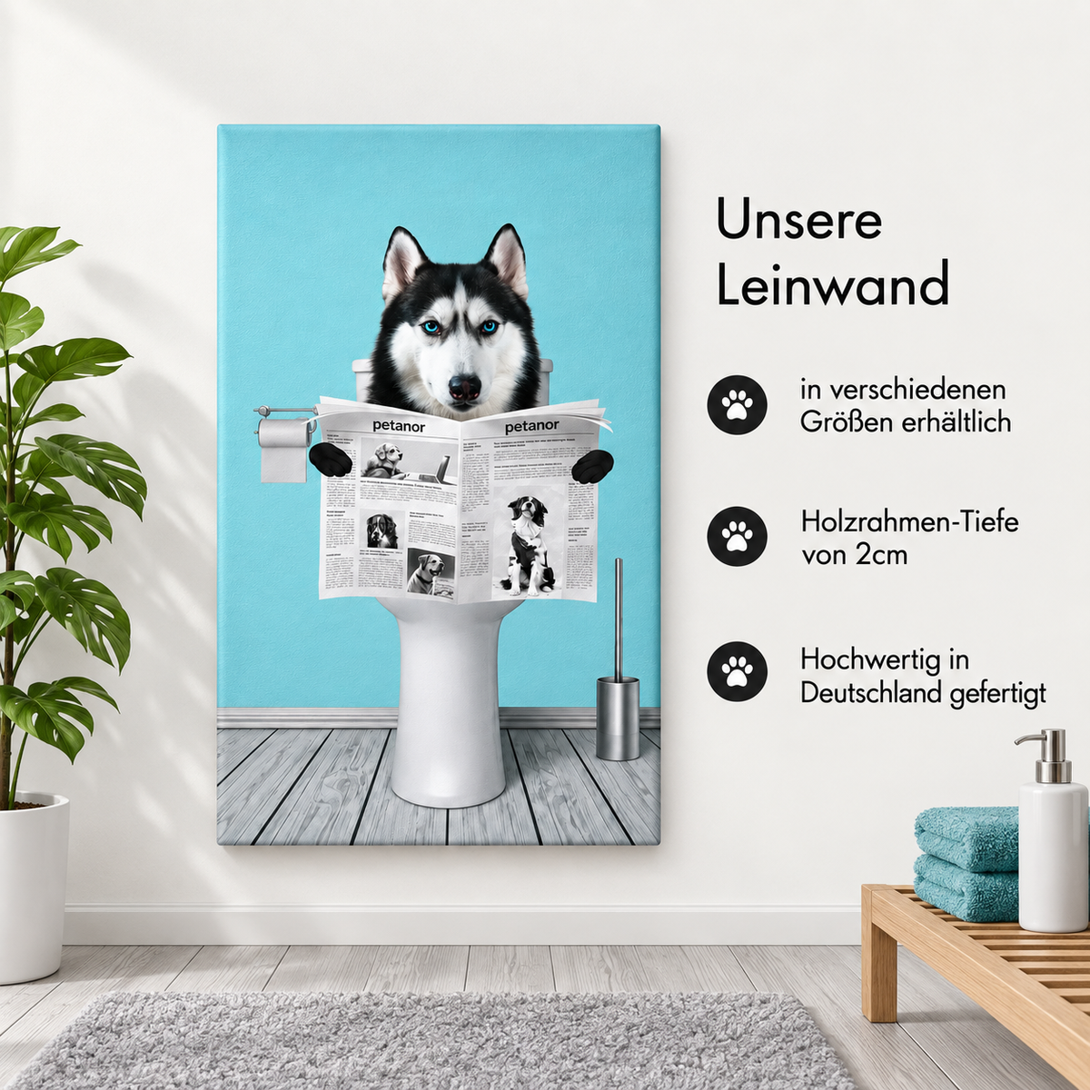 Personalized canvas with a husky reading a newspaper in a bathroom, on a blue background.