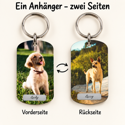 Personalized keychain with two dog photos on front and back. Metal key ring.
