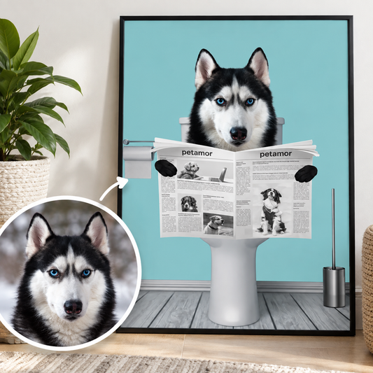 Personalized illustration of a husky sitting on a toilet reading a newspaper. Light blue background.