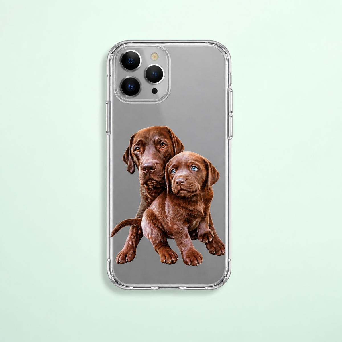 Personalized clear phone case with an image of two brown Labrador puppies.