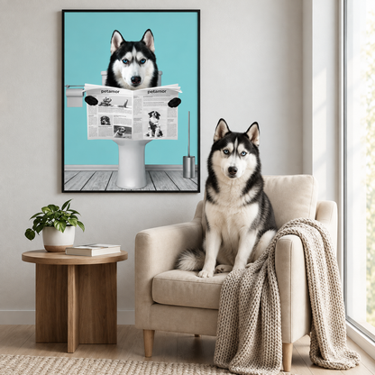 Poster of a dog reading a newspaper against a light blue background. Dog sitting on a beige armchair with a blanket.
