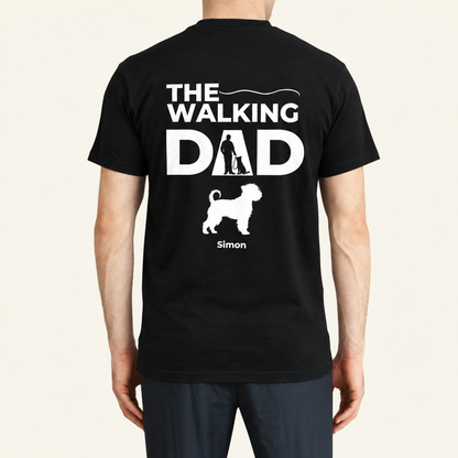 Black T-shirt printed with "THE WALKING DAD" and a dog-walking silhouette. Personalized with the name Simon.