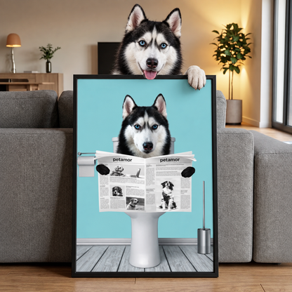 Personalized poster of a dog sitting on a toilet reading a newspaper. Black frame.