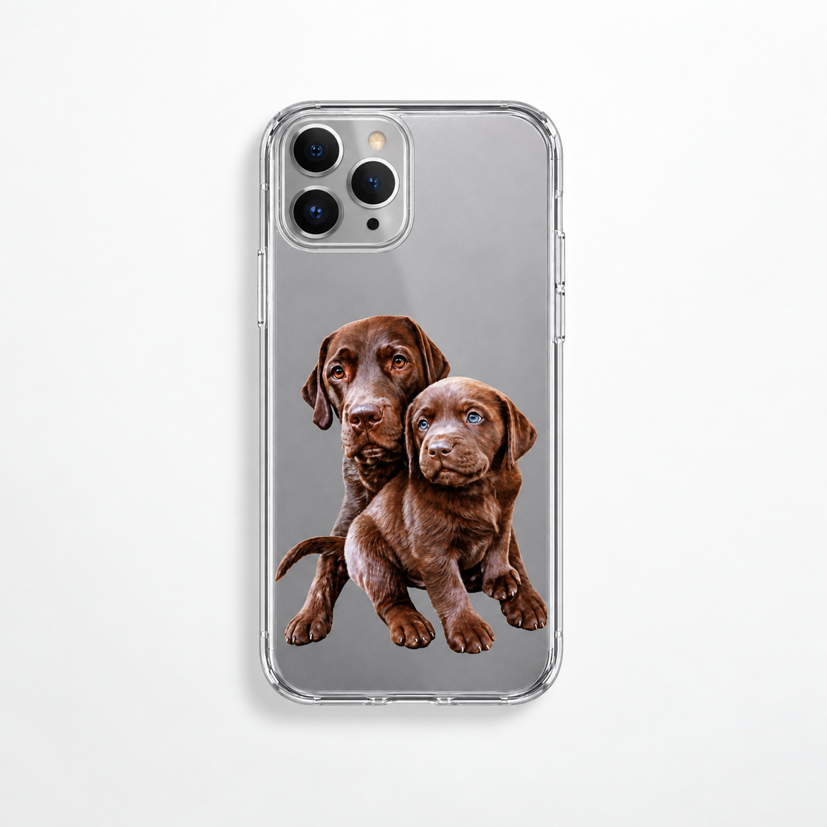 Clear plastic phone case with a motif of two brown dogs.