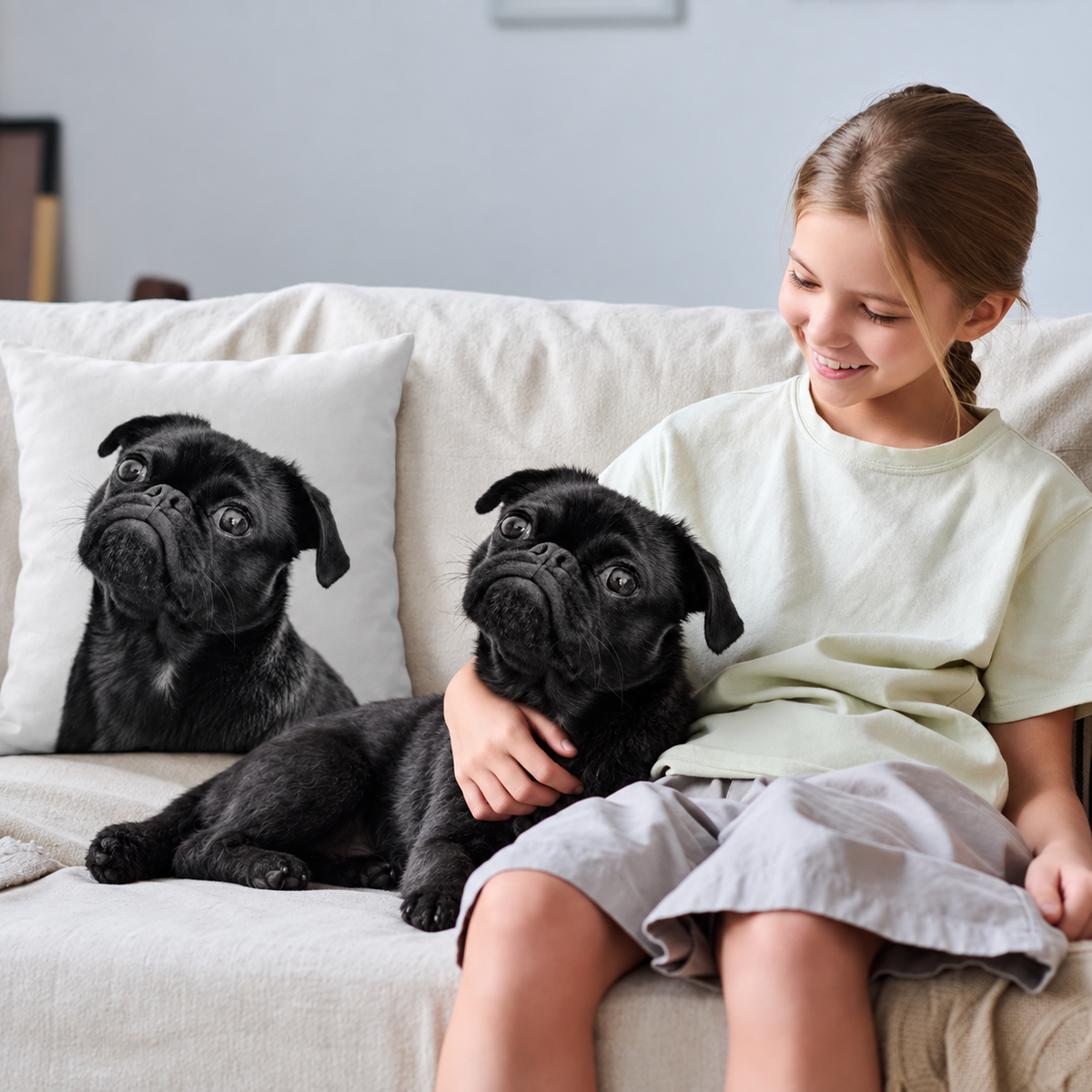 Personalized pillow with a black pug pictured, next to a girl on a couch.