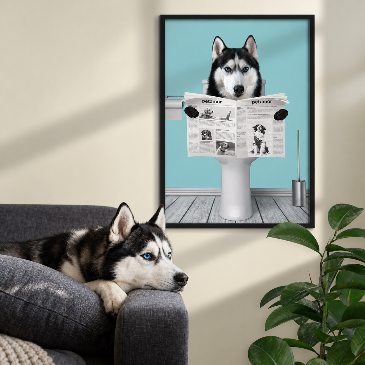 Poster of a husky sitting on a toilet reading a newspaper, frameless, with blue background.