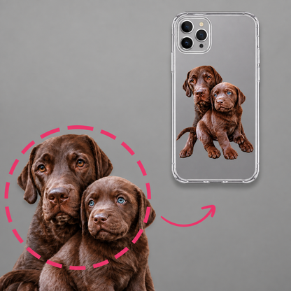 Personalized phone case with portrait of two brown Labrador puppies on a clear background.