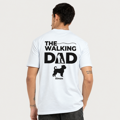 Light blue T-shirt printed with "THE WALKING DAD" and silhouettes of a person and dog.