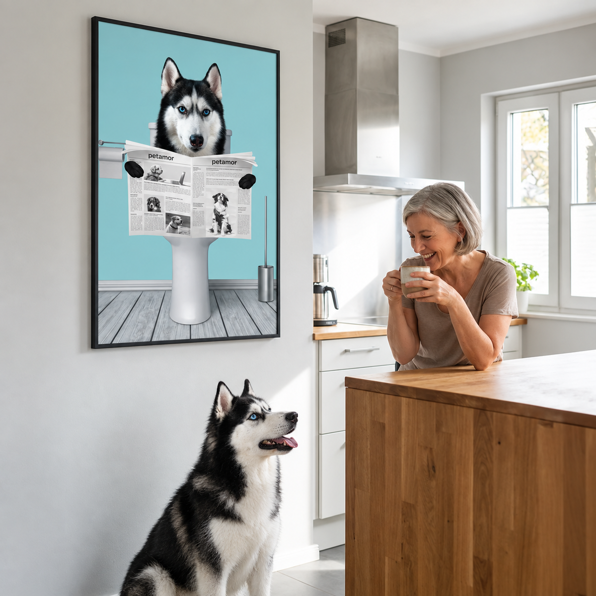 Personalized poster of a husky reading a newspaper, in a modern kitchen.