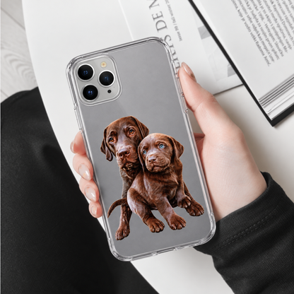 Personalized phone case with pictured brown puppies on a light background.