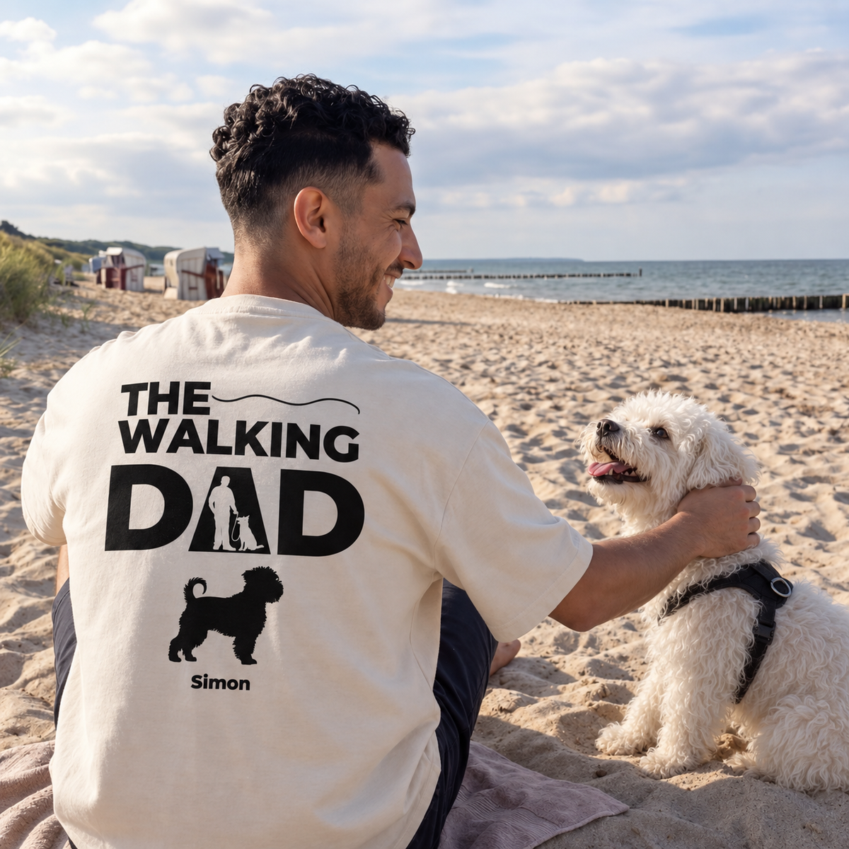 Personalized beige T-shirt with black "THE WALKING DAD" print and dog motif on the back.