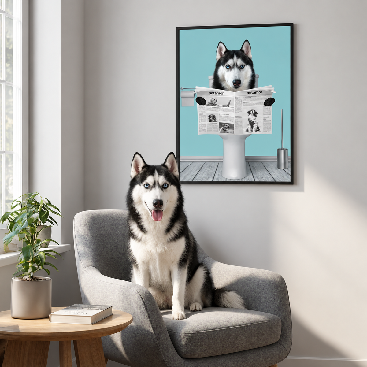 Colourful poster of a dog sitting on a toilet reading a newspaper. Frameless design.