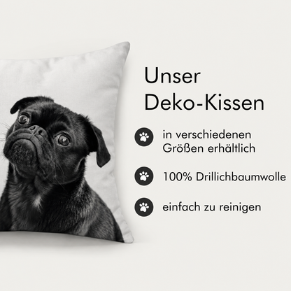 Black photo pillow with a picture of a pug, made of 100% cotton drill, available in different sizes.