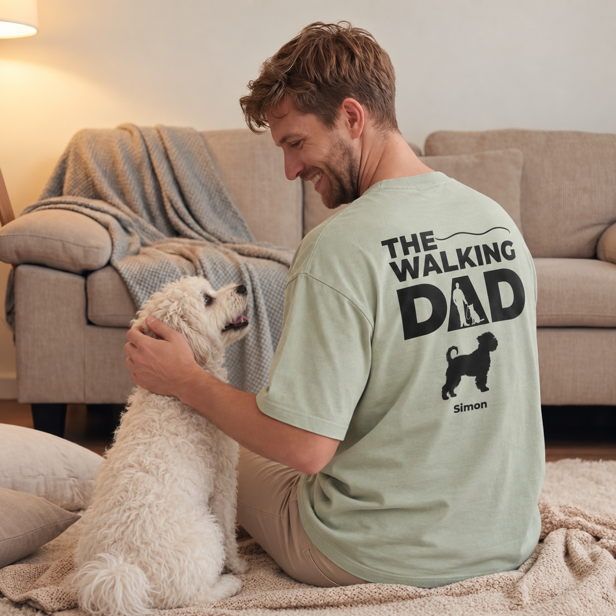 Personalized mint green T-shirt printed with "The Walking Dad" and dog motif on the back.