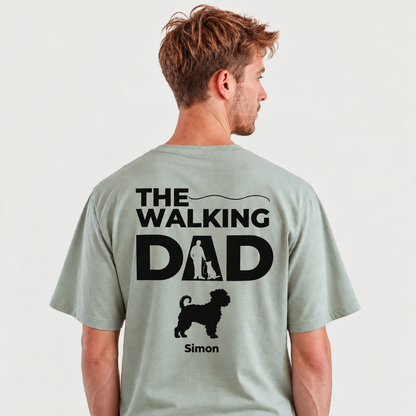 Personalized light green T-shirt printed with "The Walking Dad" and dog motif on the back.