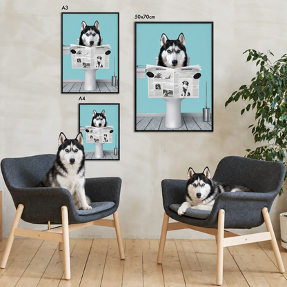 Three personalized posters of a husky reading a newspaper in black frames. Chairs and plant in the background.