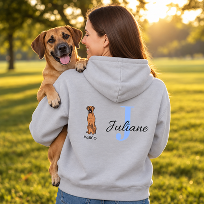 Grey hoodie with dog motif and initial "J", personalized for Juliane. Dog sitting on the wearer's shoulder.