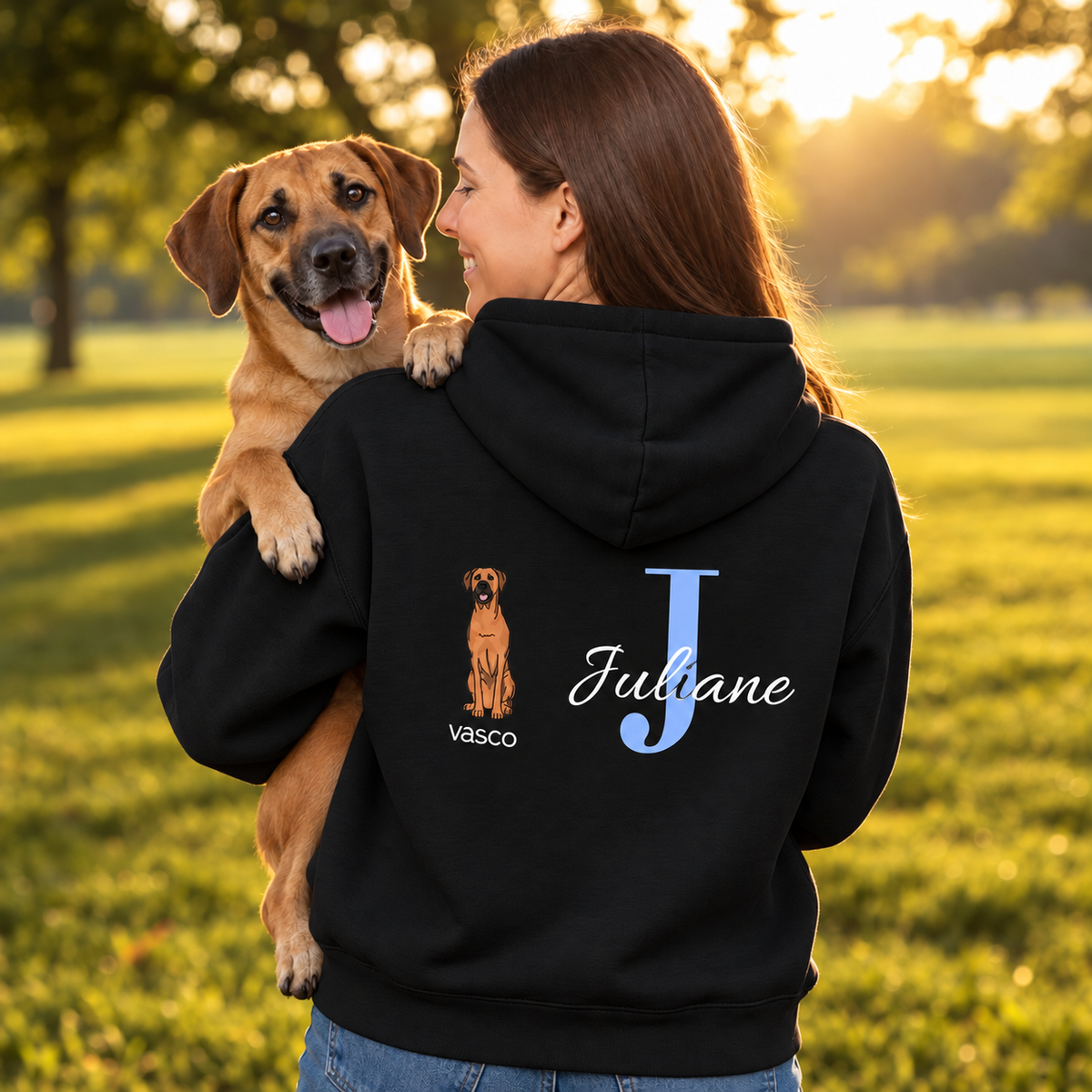 Personalized black hoodie with dog motif and initial "J" for Juliane.