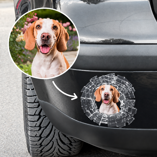 Personalized car sticker with dog motif on a black background with broken-glass design.