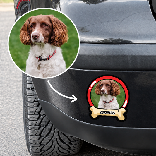 Personalized car sticker with dog picture and name, applied to the rear of a black vehicle.