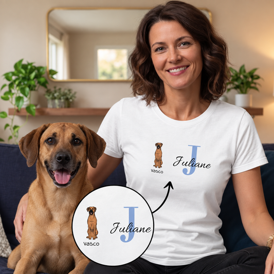 White T-shirt printed with a dog, the name Juliane and the initial J.