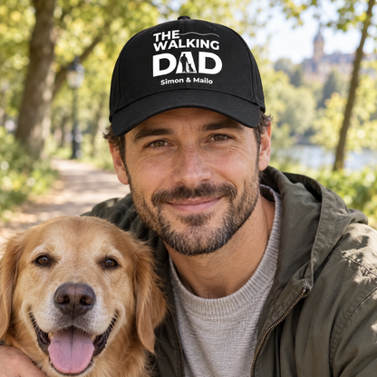 Black cap with “THE WALKING DAD” print and personalized names, with a man and a dog.