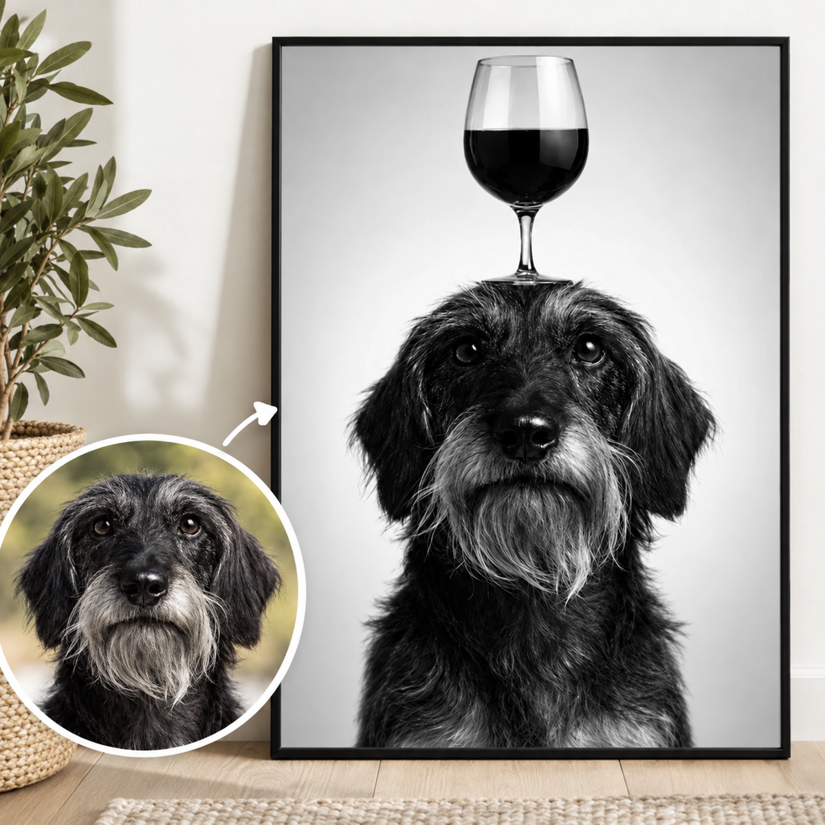 Black-and-white poster of a dog with a wine glass on its head, in a modern frame.