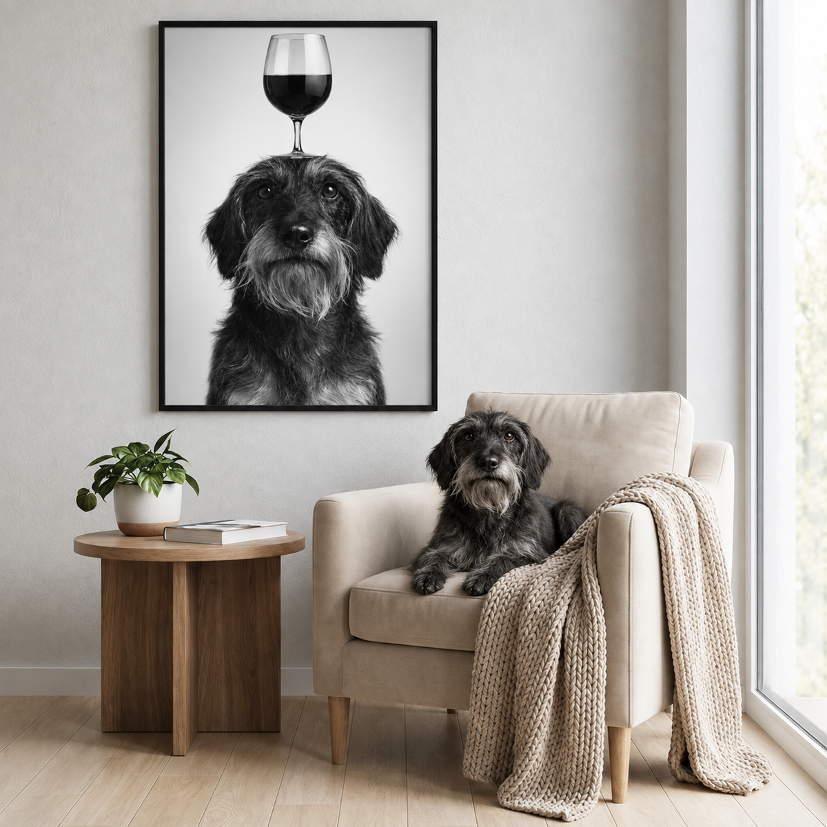 Framed black-and-white poster of a dog with a wine glass on its head. Dog sitting on a beige armchair in a modern room.