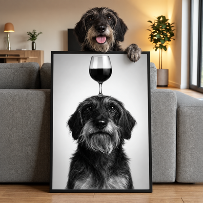 Personalized wall decoration with a dog portrait and a wine glass on its head.