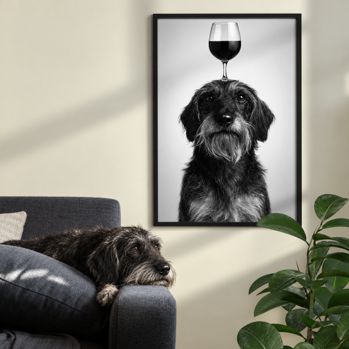 Black-and-white poster of a dog with a wine glass on its head, framed and mounted on the wall.