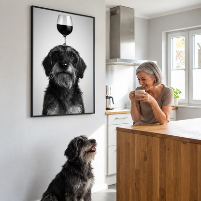 Personalized wall decoration with dog picture and wine glass, woman with a cup in a modern kitchen.