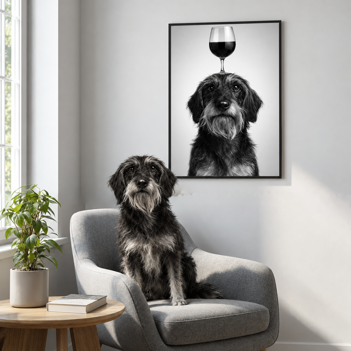 Black-and-white poster of a dog with a wine glass on its head, on the wall above a cosy armchair.