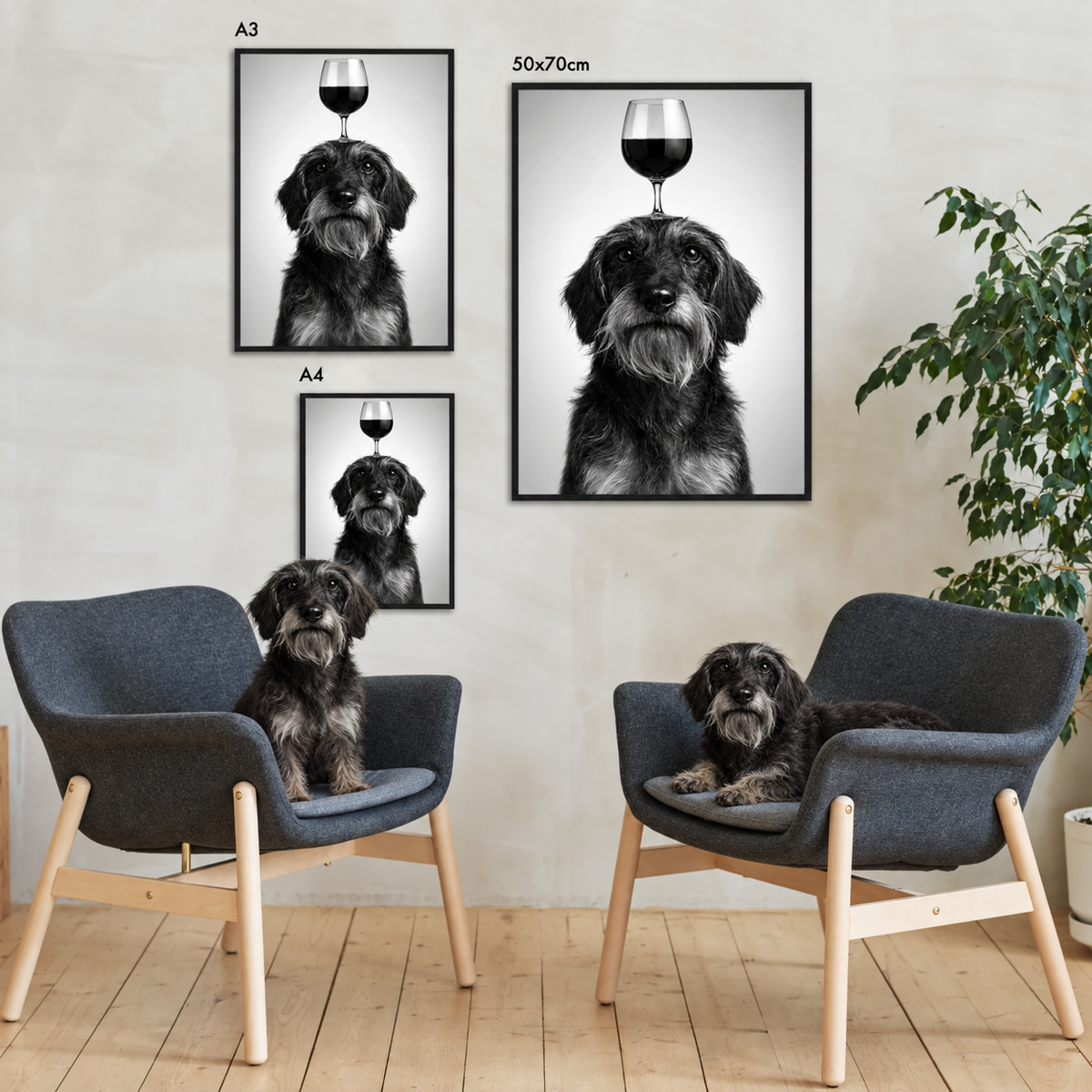 Personalized posters with dog and wine glass, different sizes A3 and A4, in modern frames.