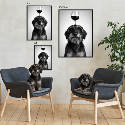 Personalized posters with dog and wine glass, different sizes A3 and A4, in modern frames.
