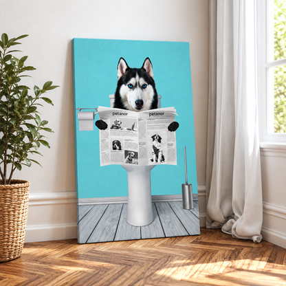 Canvas of a dog sitting on a toilet reading a newspaper, turquoise background.