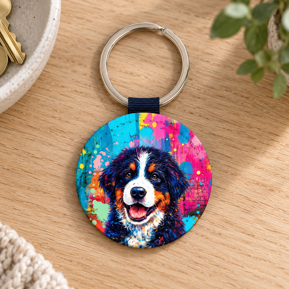 Round keychain with colourful dog motif and street-art design.