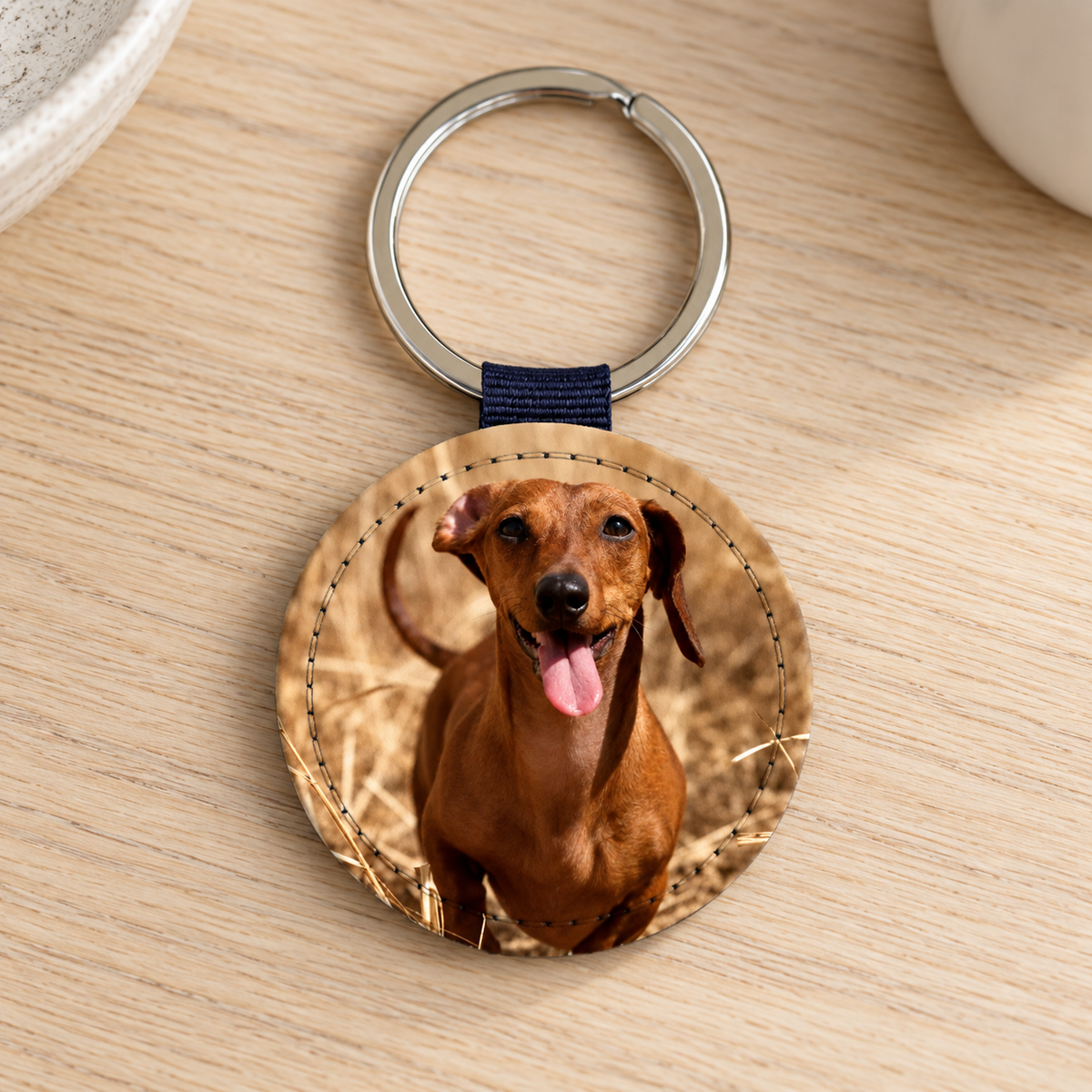 Round keychain with photo of a smiling dog on a wooden table.