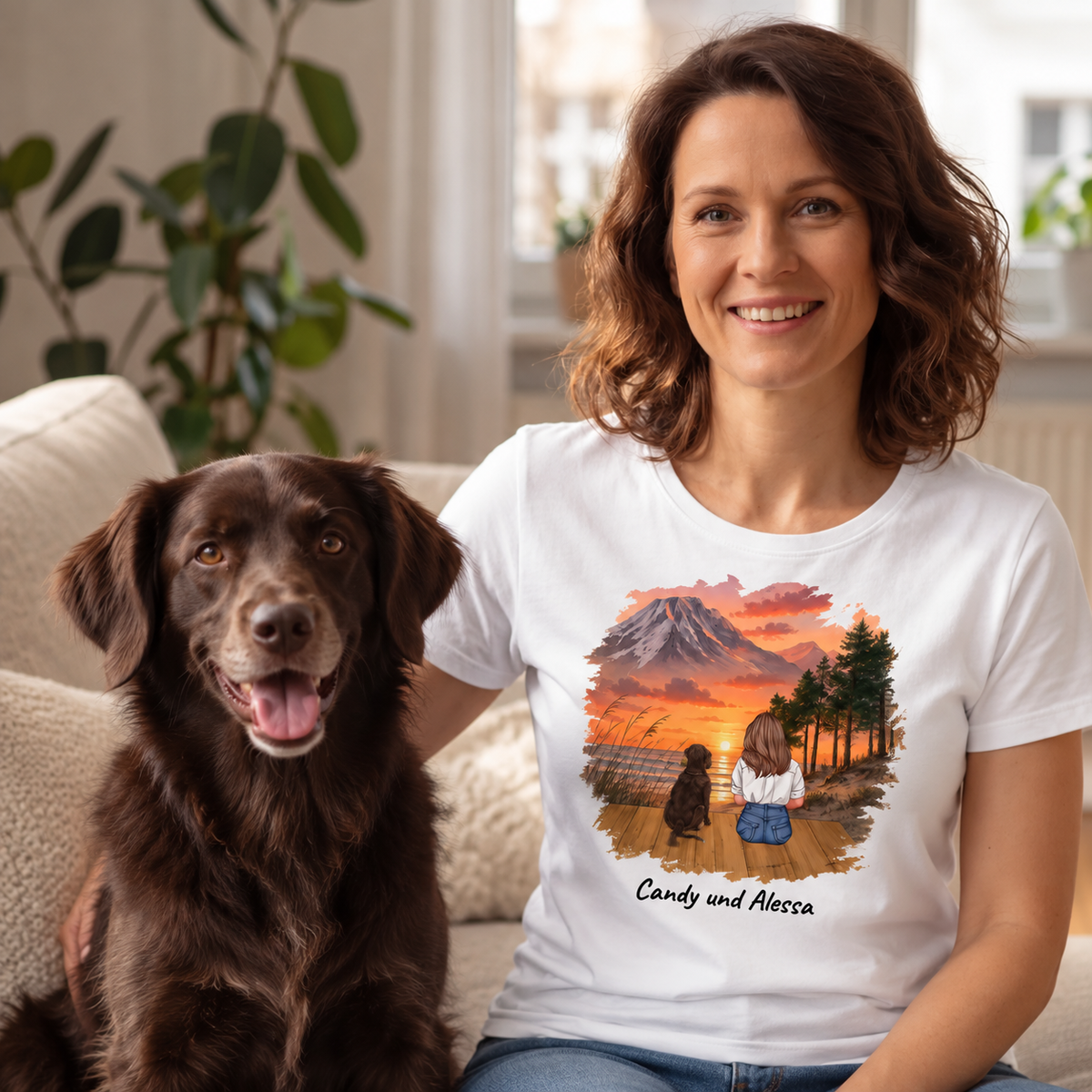 White T-shirt with personalized motif of a woman and her dog in front of a landscape.