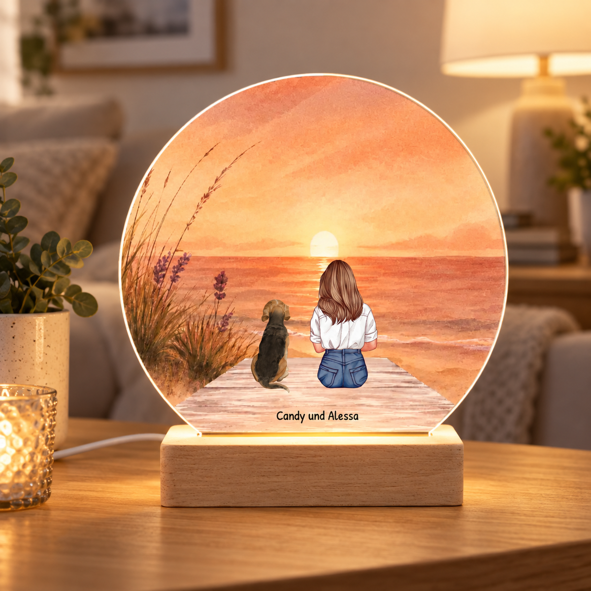 Personalized LED night light with a girl and dog by the sea, warm light, wooden base.
