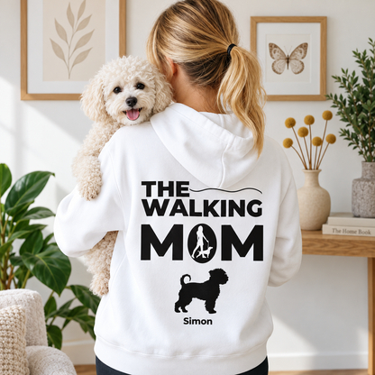 Personalized white hoodie with black printed text "THE WALKING MOM" and dog figure.