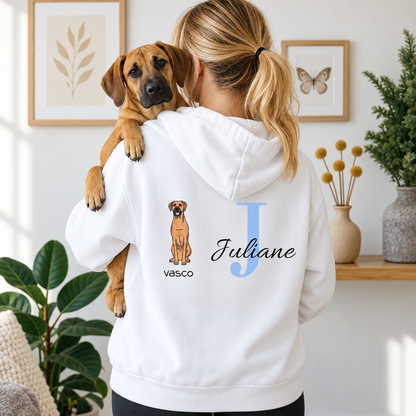 White hoodie with personalized initial "J" and dog design, perfect for individual style.