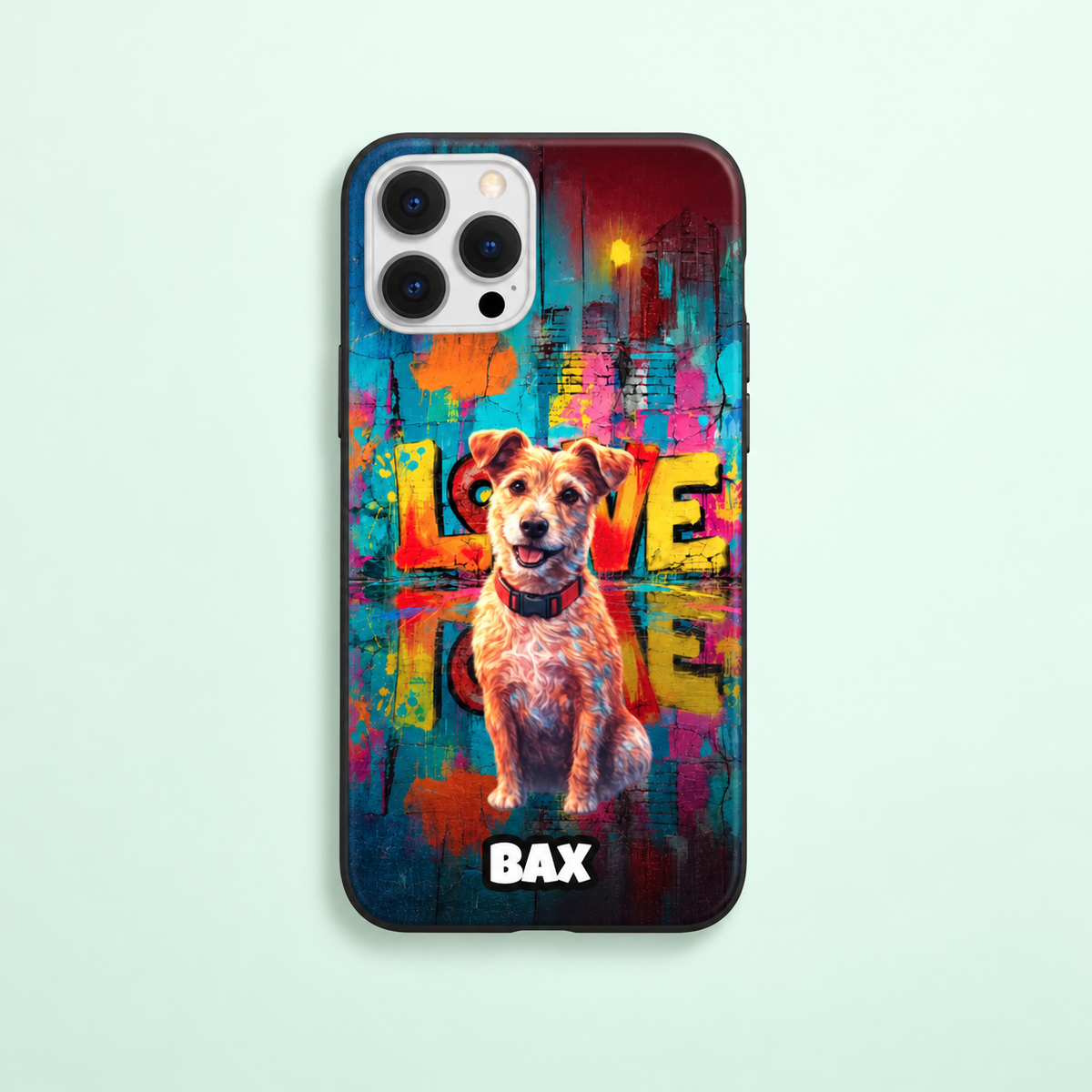 Personalized phone case with dog motif and colourful street-art elements in blue, yellow and pink.