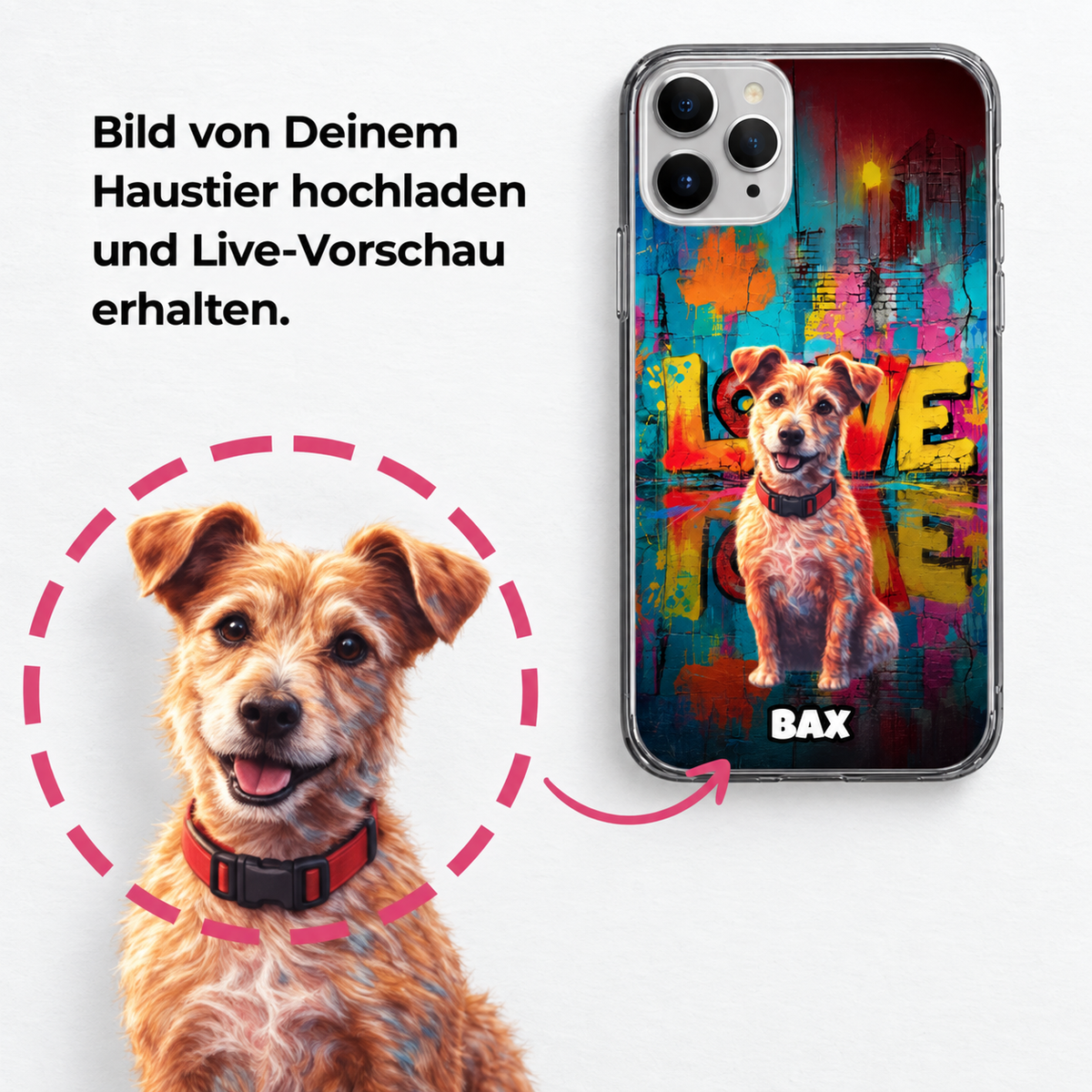 Personalized phone case with street-art design and pictured dog. Clear back.