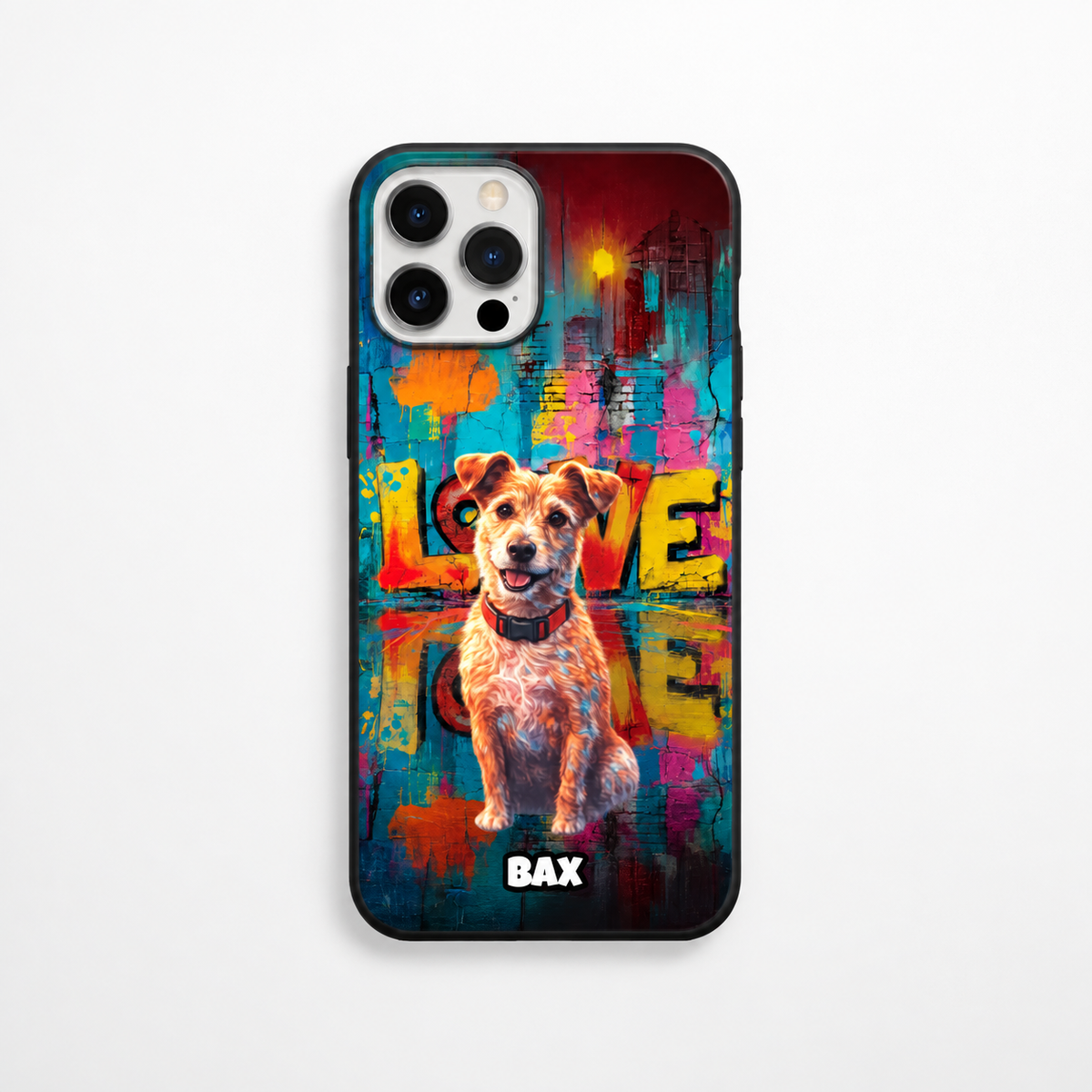 Personalized phone case with dog motif and colourful multi-coloured street-art background.