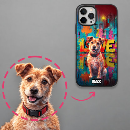 Personalized phone case with street-art design and dog motif in bright colours.