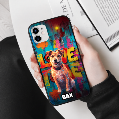 Personalized phone case with street-art design, colourful graphic of a dog and the word "LOVE".