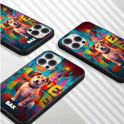 Personalized black phone cases with colourful street-art design and dog motif.