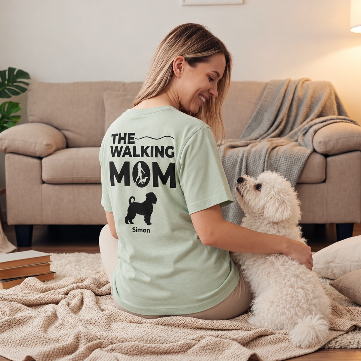 Personalizable green T-shirt with black "The Walking Mom" print and dog motif.