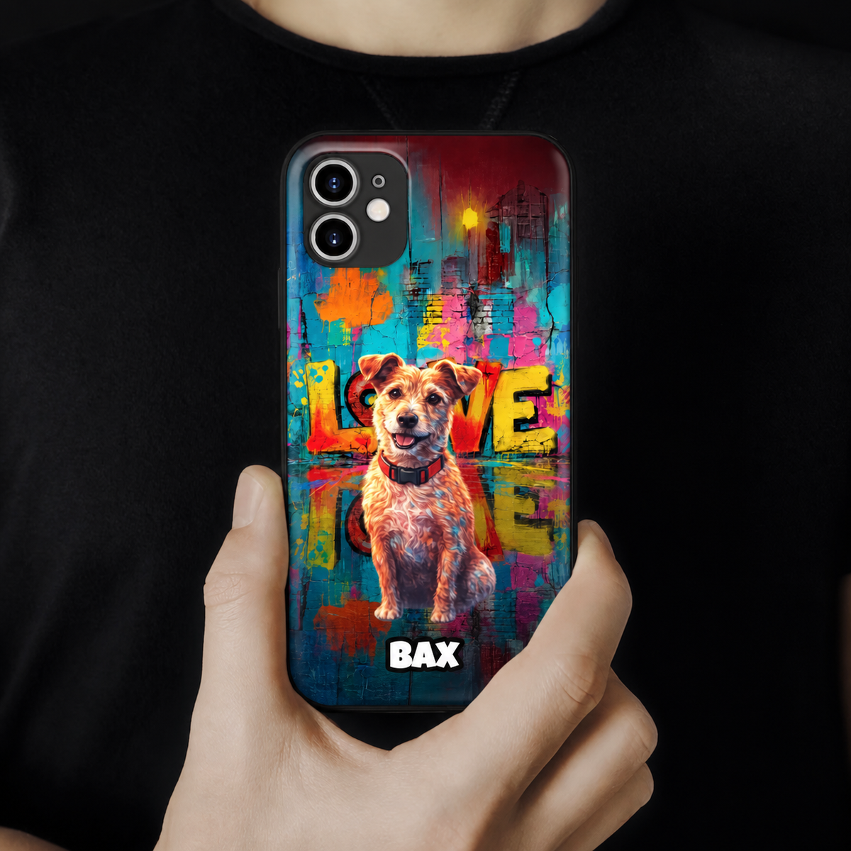 Personalized phone case with dog illustration and colourful street-art design.